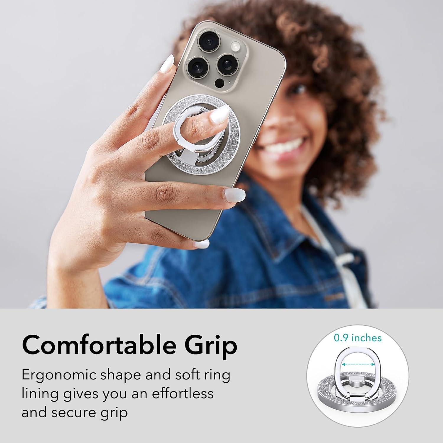 imageESR for MagSafe Phone Grip MagSafe Ring Holder Magnetic Phone Ring Holder Magnetic Phone Grip with 2Way Stand for iPhone 171615141312 Samsung Google All Smartphones2 Metal Rings includedRhinestone Silver