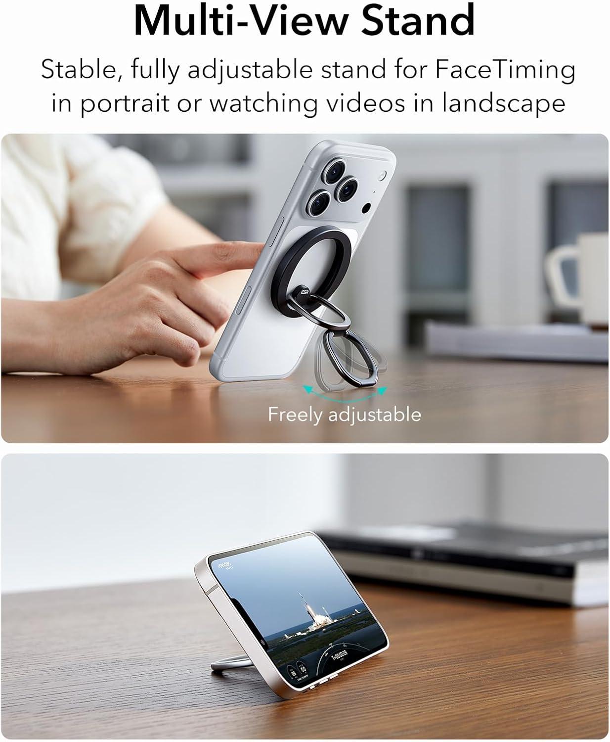 imageESR for MagSafe Phone Grip MagSafe Ring Holder Magnetic Phone Ring Holder Magnetic Phone Grip with 2Way Stand for iPhone 171615141312 Samsung Google All Smartphones2 Metal Rings includedBlack