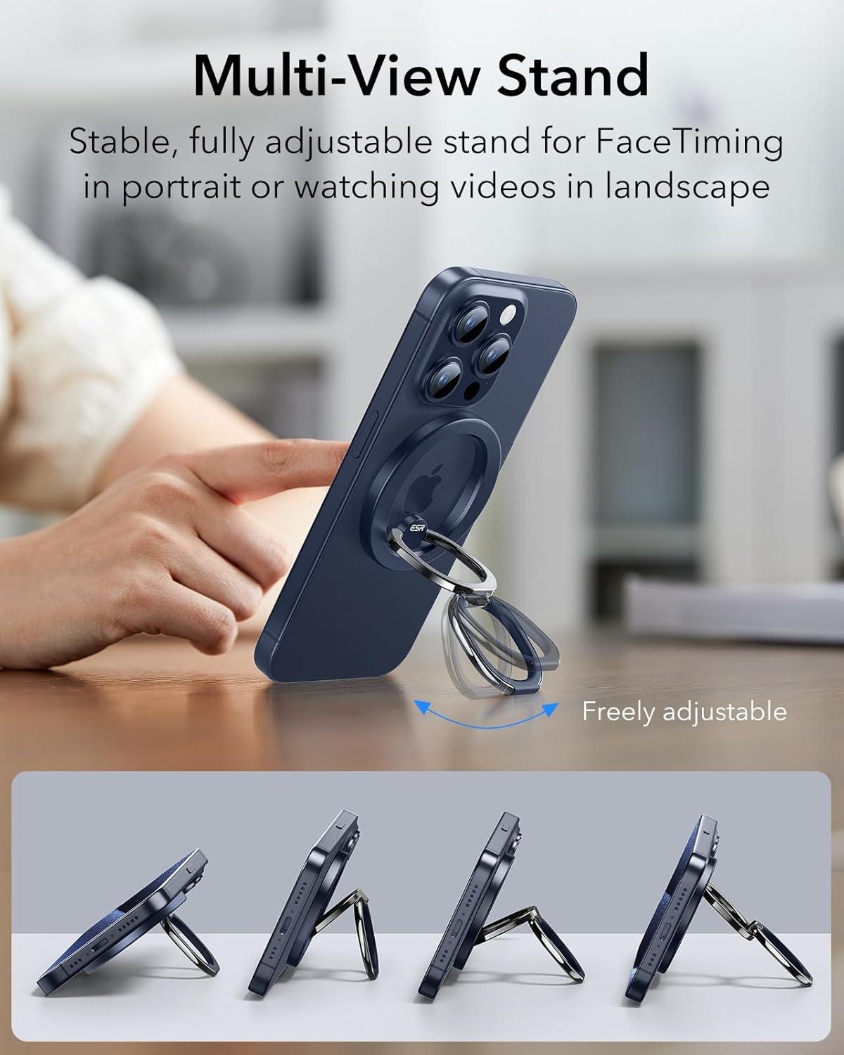 imageESR for MagSafe Phone Grip MagSafe Ring Holder Magnetic Phone Ring Holder Magnetic Phone Grip with 2Way Stand for iPhone 171615141312 Samsung Google All Smartphones2 Metal Rings includedBlue Titanium