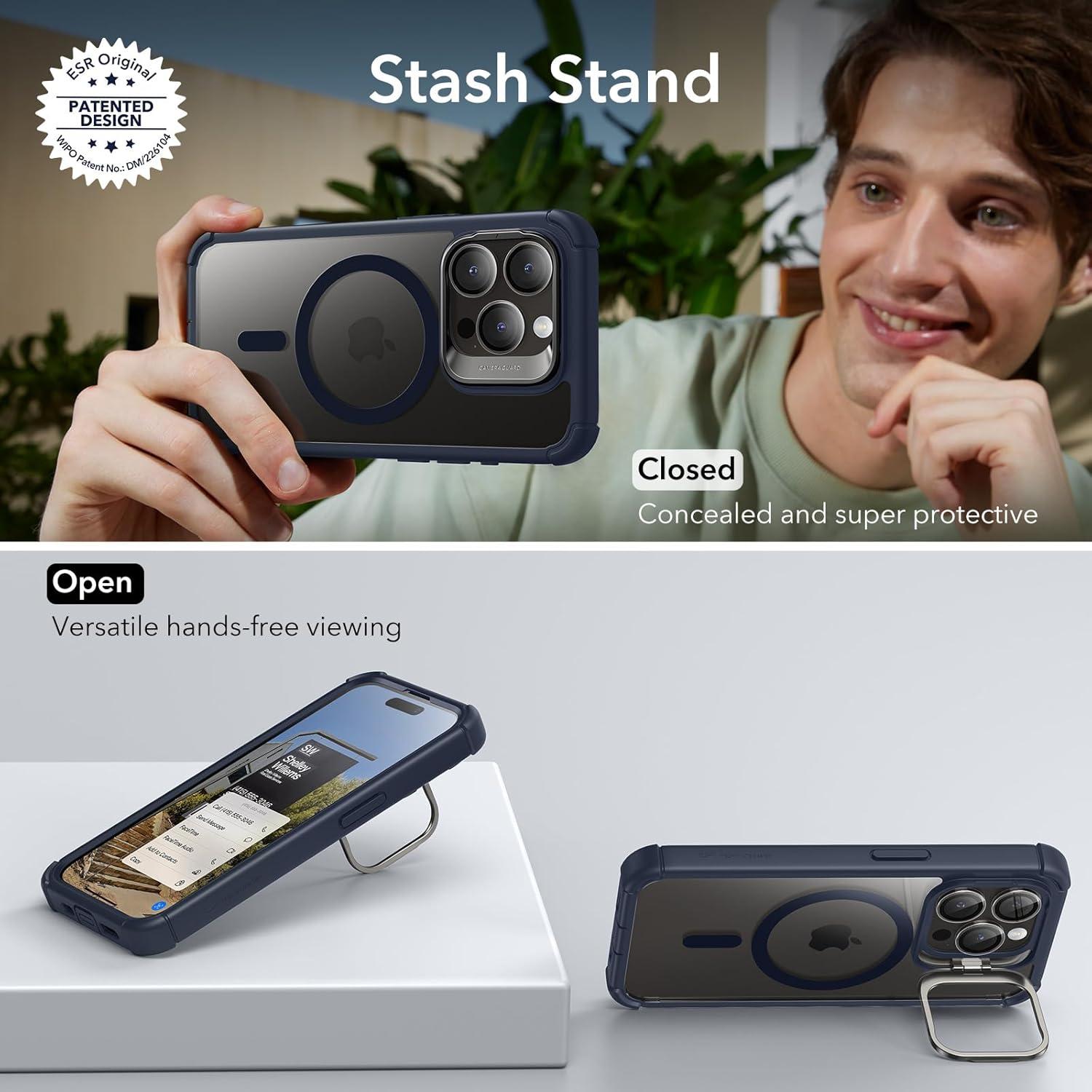 imageESR for iPhone 14 Pro Max Case with Stand Compatible with MagSafe FullBody MilitaryGrade Drop Proof Case with Builtin 9H Tempered Glass Screen Protector Armor Series Clear BlackClear Dark Blue Stand