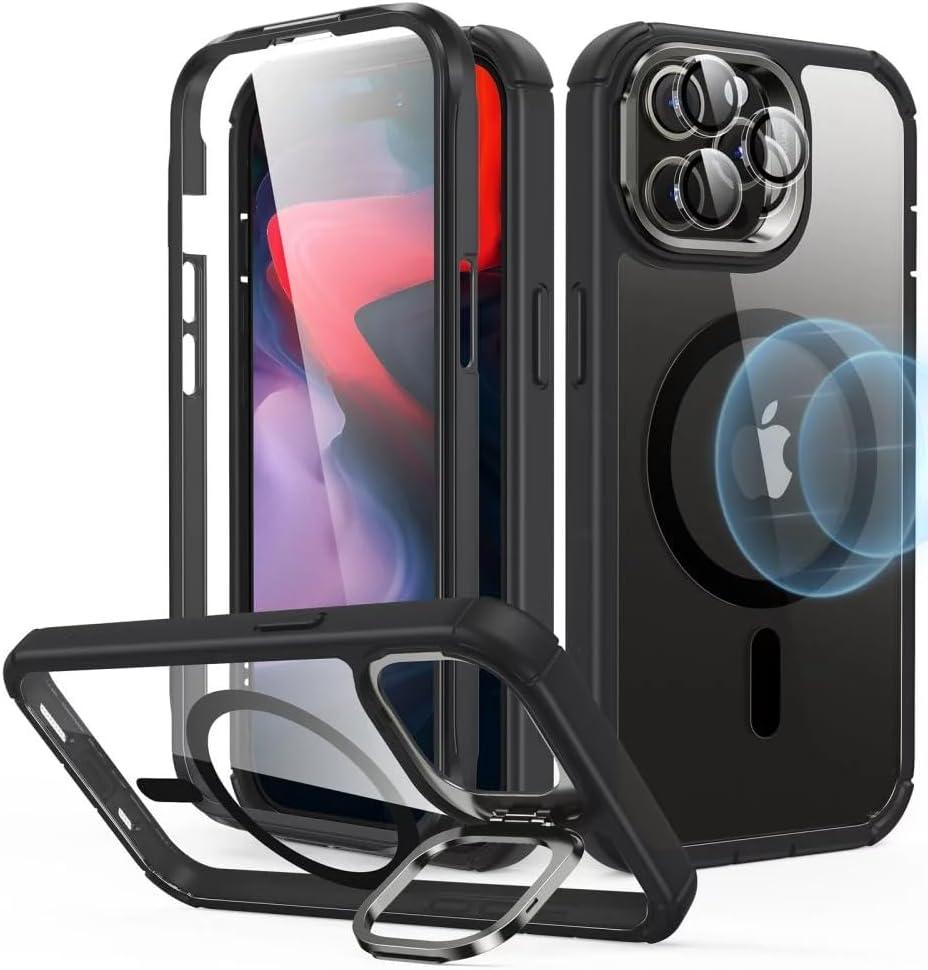 imageESR for iPhone 14 Pro Max Case with Stand Compatible with MagSafe FullBody MilitaryGrade Drop Proof Case with Builtin 9H Tempered Glass Screen Protector Armor Series Clear BlackClear Black Stand