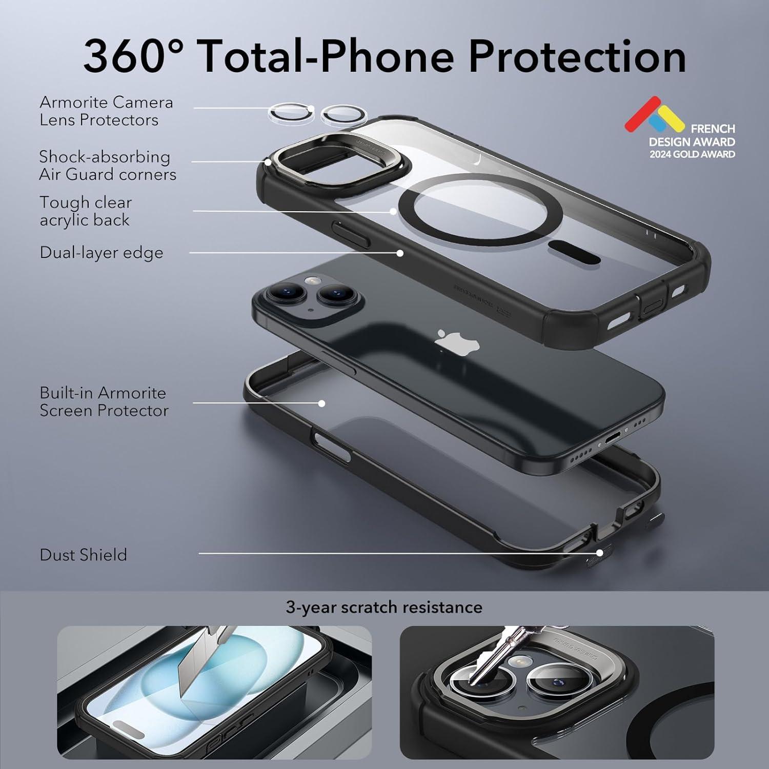 imageESR for iPhone 14 Pro Max Case with Stand Compatible with MagSafe FullBody MilitaryGrade Drop Proof Case with Builtin 9H Tempered Glass Screen Protector Armor Series Clear BlackClear Black Stand