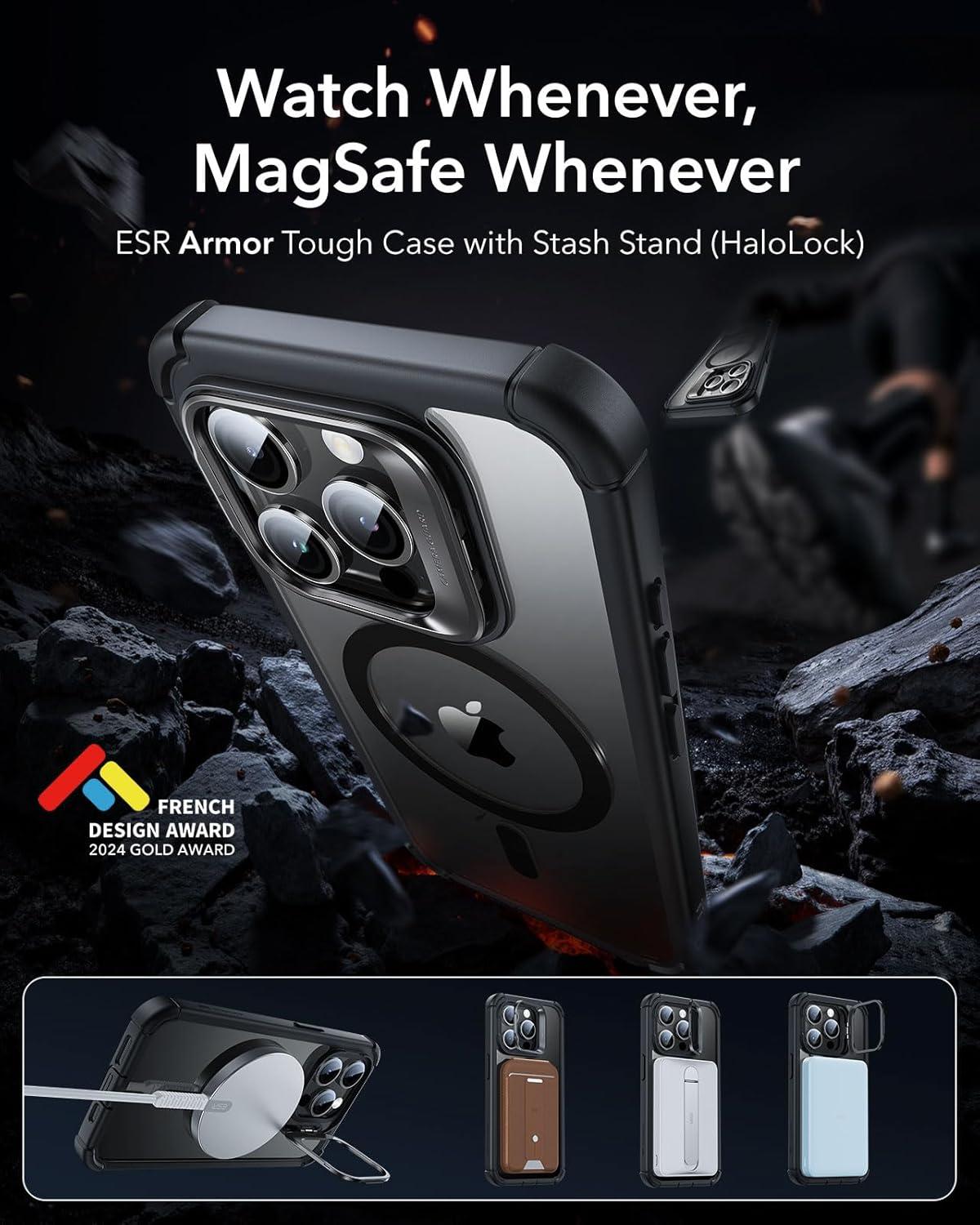 imageESR for iPhone 14 Pro Max Case with Stand Compatible with MagSafe FullBody MilitaryGrade Drop Proof Case with Builtin 9H Tempered Glass Screen Protector Armor Series Clear BlackClear Black Stand