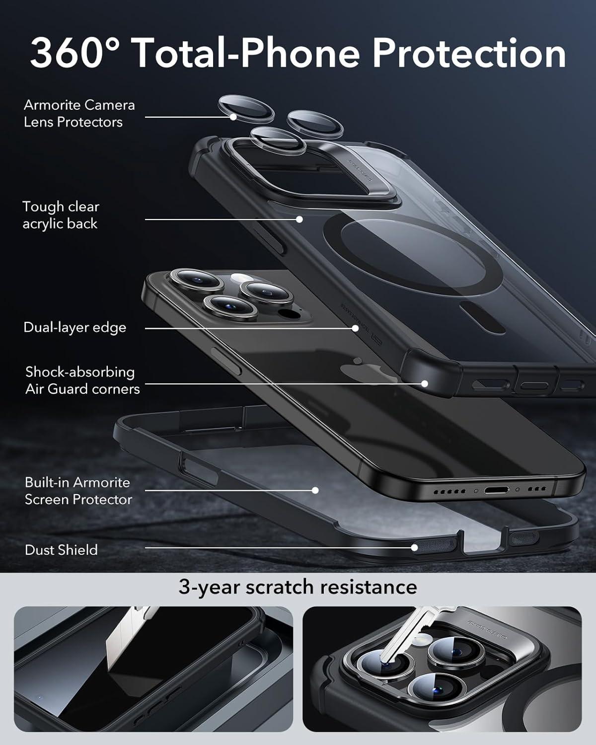 imageESR for iPhone 14 Pro Max Case with Stand Compatible with MagSafe FullBody MilitaryGrade Drop Proof Case with Builtin 9H Tempered Glass Screen Protector Armor Series Clear BlackClear Black Stand