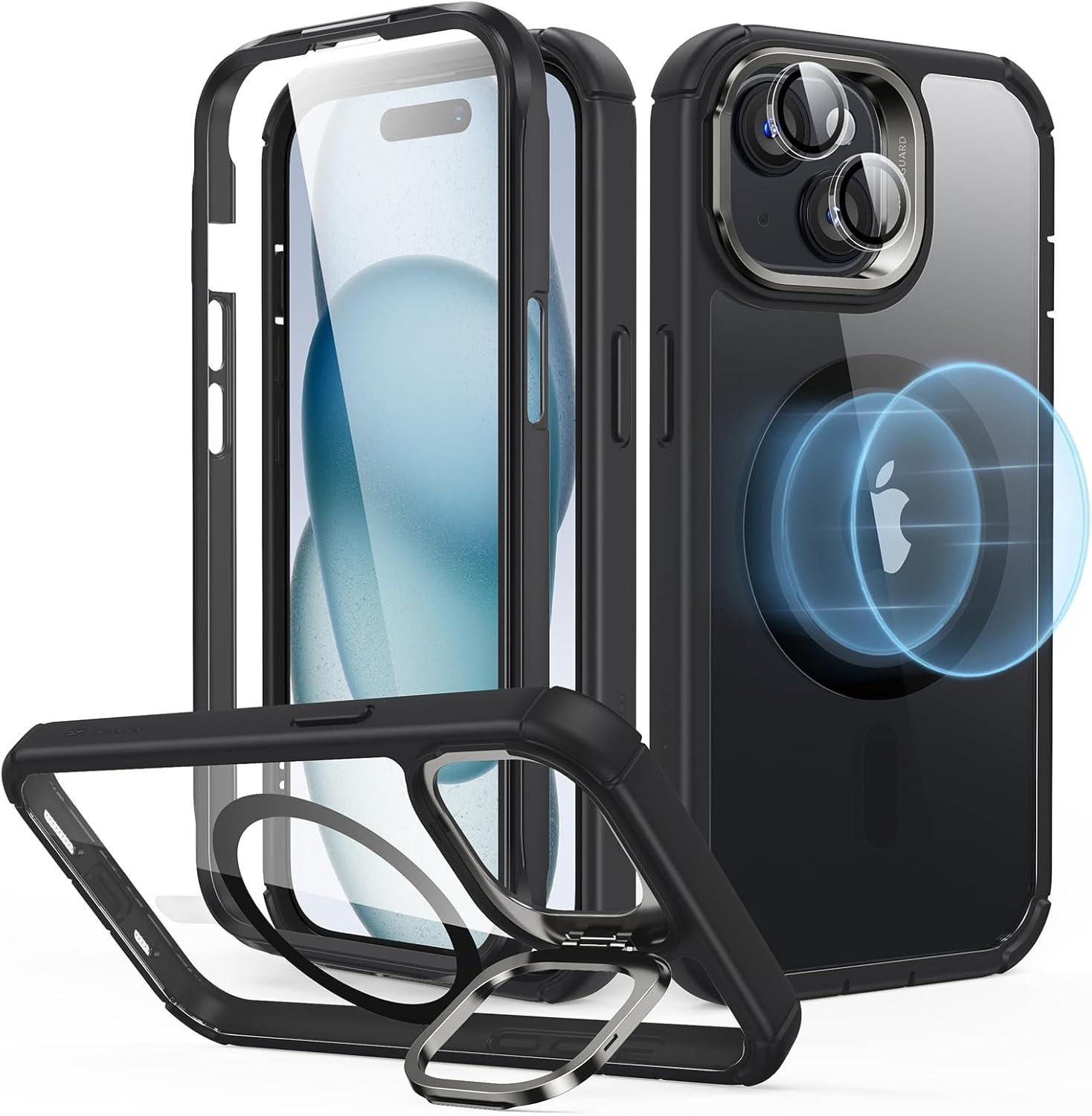 imageESR for iPhone 14 Pro Max Case with Stand Compatible with MagSafe FullBody MilitaryGrade Drop Proof Case with Builtin 9H Tempered Glass Screen Protector Armor Series Clear BlackClear Black Stand