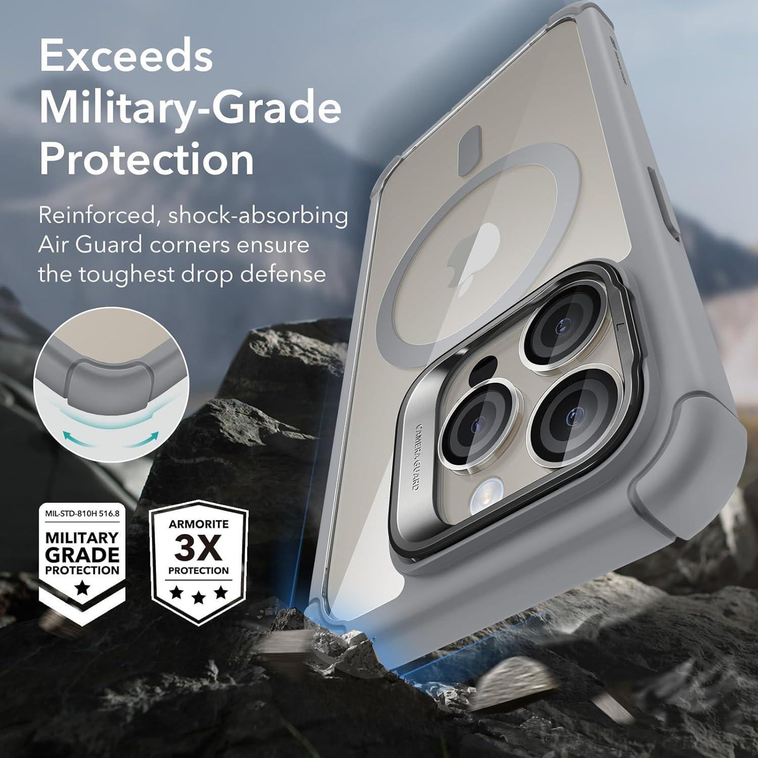 imageESR for iPhone 14 Pro Max Case with Stand Compatible with MagSafe FullBody MilitaryGrade Drop Proof Case with Builtin 9H Tempered Glass Screen Protector Armor Series Clear BlackClear Grey Stand
