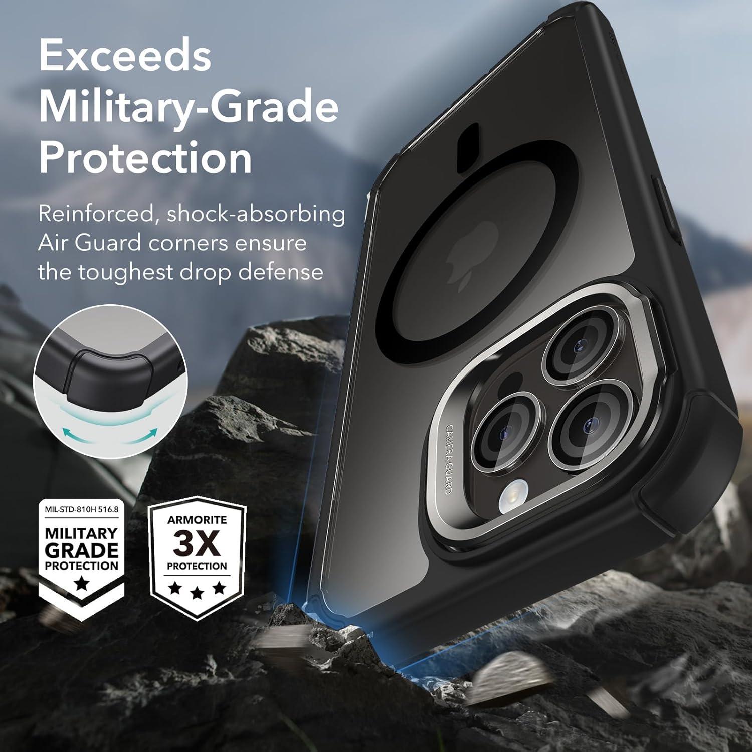 imageESR for iPhone 14 Pro Max Case with Stand Compatible with MagSafe FullBody MilitaryGrade Drop Proof Case with Builtin 9H Tempered Glass Screen Protector Armor Series Clear BlackClear Black Stand