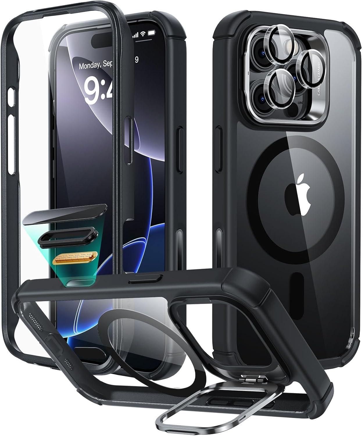 imageESR for iPhone 14 Pro Max Case with Stand Compatible with MagSafe FullBody MilitaryGrade Drop Proof Case with Builtin 9H Tempered Glass Screen Protector Armor Series Clear BlackClear Black Stand