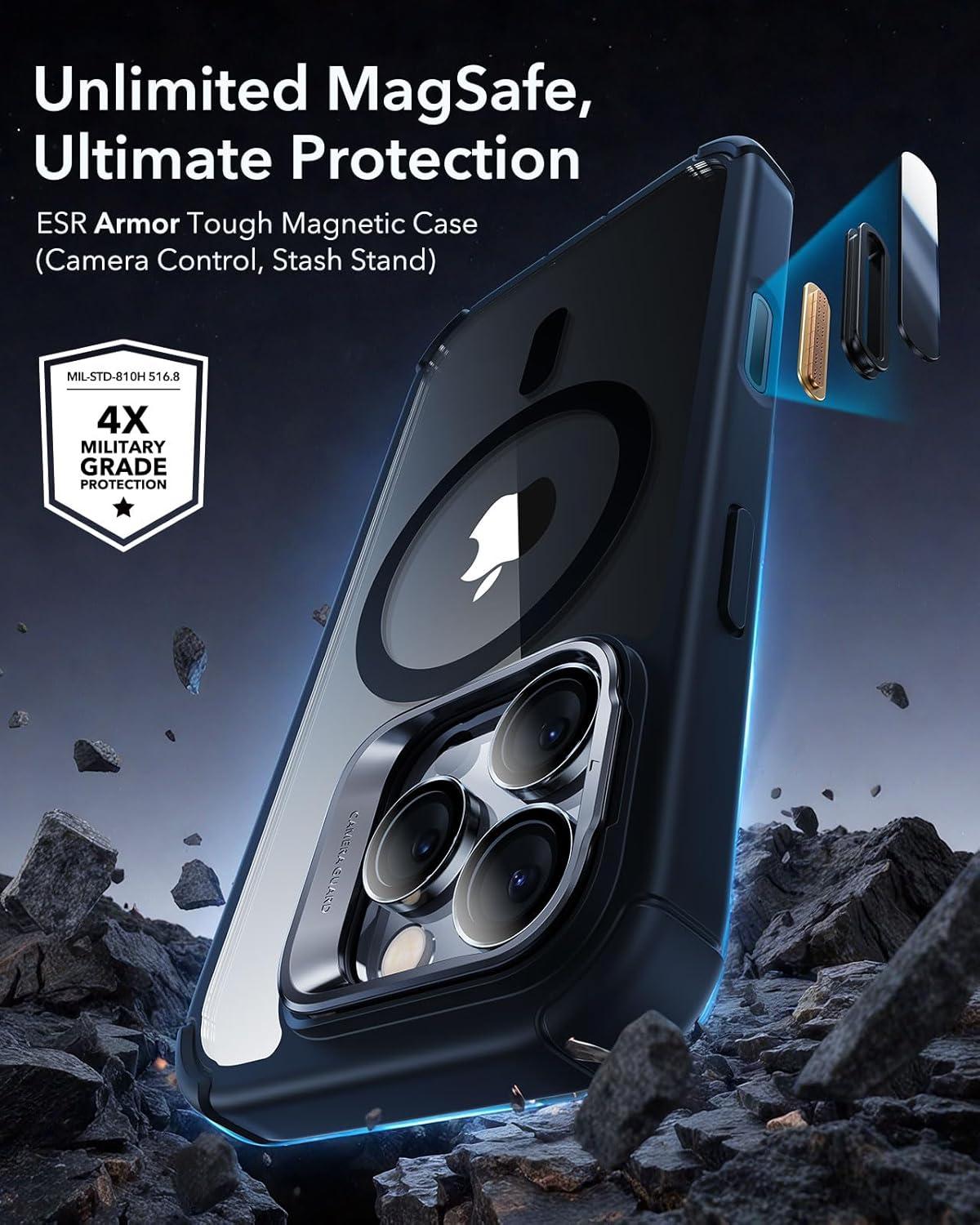 imageESR for iPhone 14 Pro Max Case with Stand Compatible with MagSafe FullBody MilitaryGrade Drop Proof Case with Builtin 9H Tempered Glass Screen Protector Armor Series Clear BlackClear Black Stand