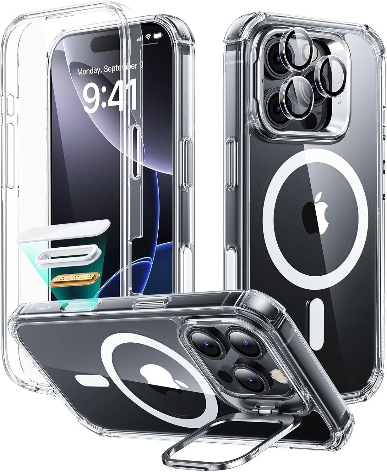 imageESR for iPhone 14 Pro Max Case with Stand Compatible with MagSafe FullBody MilitaryGrade Drop Proof Case with Builtin 9H Tempered Glass Screen Protector Armor Series Clear BlackClear Stand