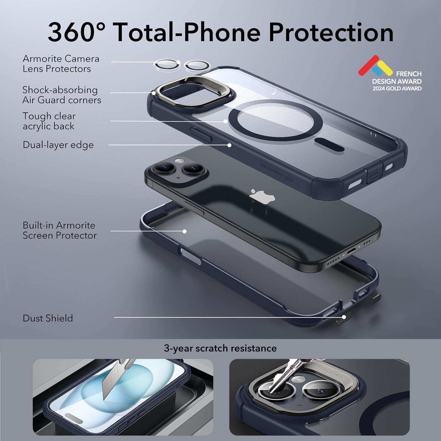 imageESR for iPhone 14 Pro Max Case with Stand Compatible with MagSafe FullBody MilitaryGrade Drop Proof Case with Builtin 9H Tempered Glass Screen Protector Armor Series Clear BlackClear Dark Blue Stand