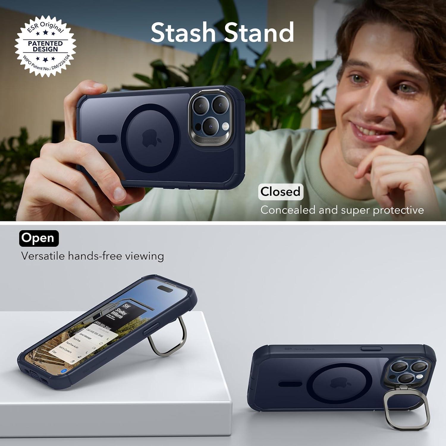 imageESR for iPhone 14 Pro Max Case with Stand Compatible with MagSafe FullBody MilitaryGrade Drop Proof Case with Builtin 9H Tempered Glass Screen Protector Armor Series Clear BlackClear Dark Blue Stand
