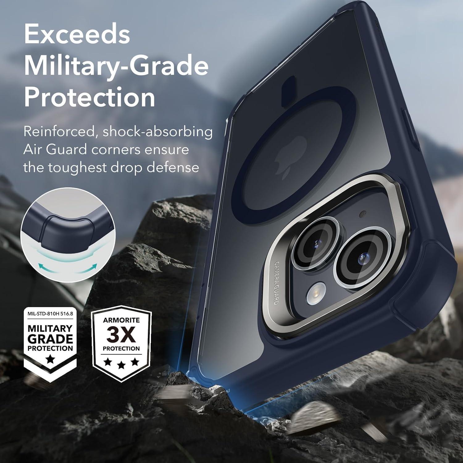 imageESR for iPhone 14 Pro Max Case with Stand Compatible with MagSafe FullBody MilitaryGrade Drop Proof Case with Builtin 9H Tempered Glass Screen Protector Armor Series Clear BlackClear Dark Blue Stand