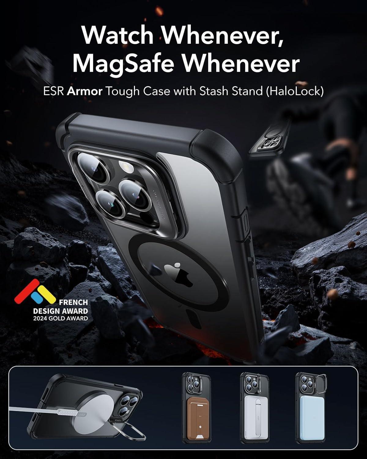 imageESR for iPhone 14 Pro Max Case with Stand Compatible with MagSafe FullBody MilitaryGrade Drop Proof Case with Builtin 9H Tempered Glass Screen Protector Armor Series Clear BlackClear Black Stand