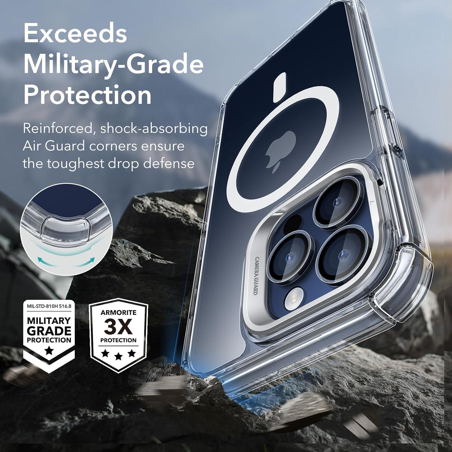 imageESR for iPhone 14 Pro Max Case with Stand Compatible with MagSafe FullBody MilitaryGrade Drop Proof Case with Builtin 9H Tempered Glass Screen Protector Armor Series Clear BlackArmor Clear