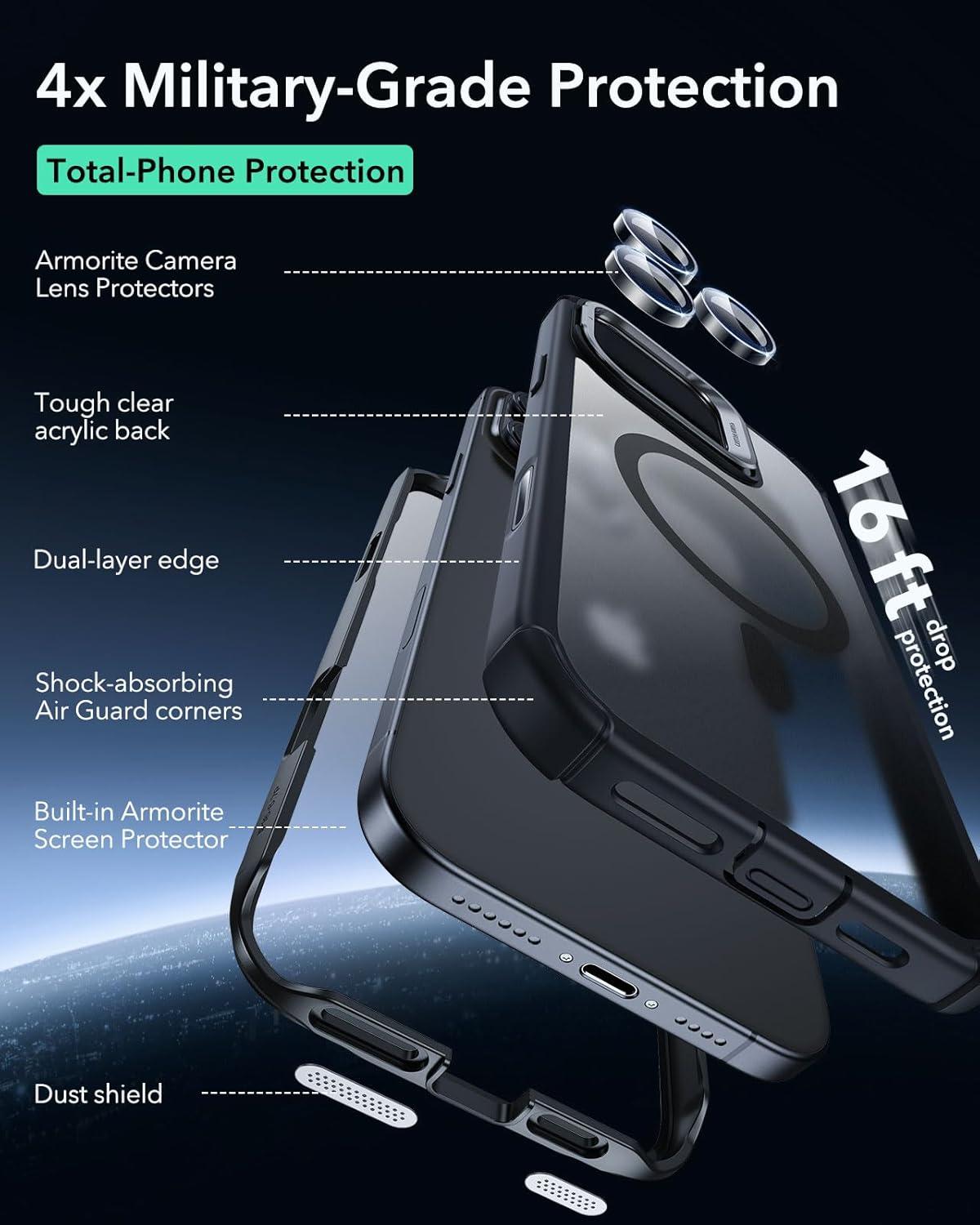 imageESR for iPhone 14 Pro Max Case with Stand Compatible with MagSafe FullBody MilitaryGrade Drop Proof Case with Builtin 9H Tempered Glass Screen Protector Armor Series Clear BlackFrosted Black Stand