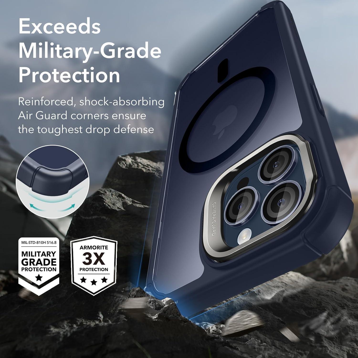 imageESR for iPhone 14 Pro Max Case with Stand Compatible with MagSafe FullBody MilitaryGrade Drop Proof Case with Builtin 9H Tempered Glass Screen Protector Armor Series Clear BlackClear Dark Blue Stand