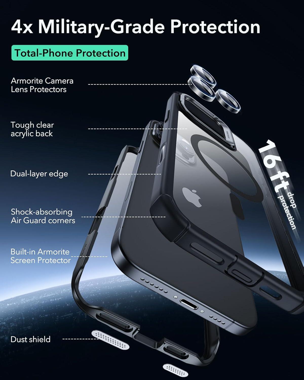 imageESR for iPhone 14 Pro Max Case with Stand Compatible with MagSafe FullBody MilitaryGrade Drop Proof Case with Builtin 9H Tempered Glass Screen Protector Armor Series Clear BlackClear Black Stand