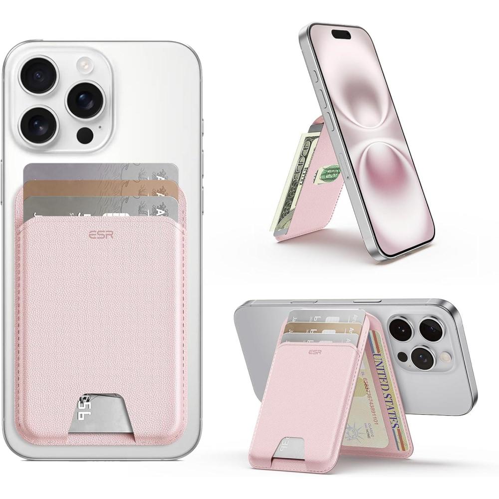 imageESR Aura for MagSafe Wallet Stand w Grip RFID Blocking w MagSafe Ring 5 Card Holder for Phone Case Magnetic Wallet for iPhone 171615141312Not for Mini Selected SamsungDesert TitaniumAuraBubblegum Pink5 Cards