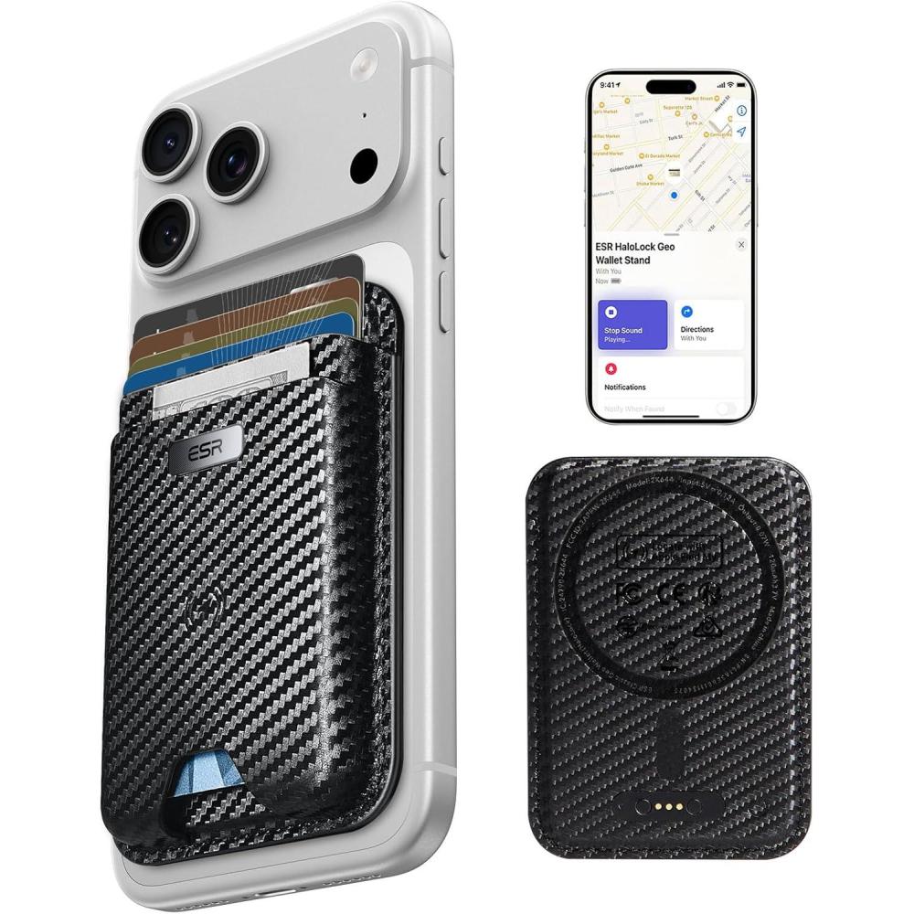 imageESR Geo for MagSafe Wallet with Full Find My Functionality RFID Blocking 5 Cards Holder for Phone Case Strong Magnetic Wallet for iPhone 171615141312 Series Not for 1312 Mini Dark BlueBlack Carbon Fiber