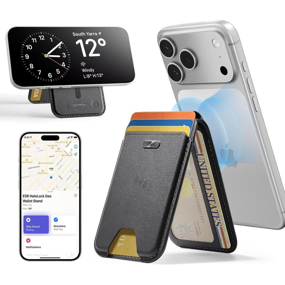 imageESR Geo for Magsafe Wallet with Full Find My Functionality 3 CardHolder RFID Blocking Magnetic Wallet for iPhone 171615141312 Series Adjustable Stand Dark Black Wallet Tracker Adjustable StandBStand Black