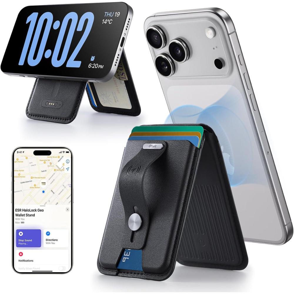imageESR Geo for Magsafe Wallet with Full Find My Functionality5 CardHolder RFID Blocking Magnetic Wallet for iPhone 171615141312 Series with Adjustable Stand BrownAStand  Grip Black