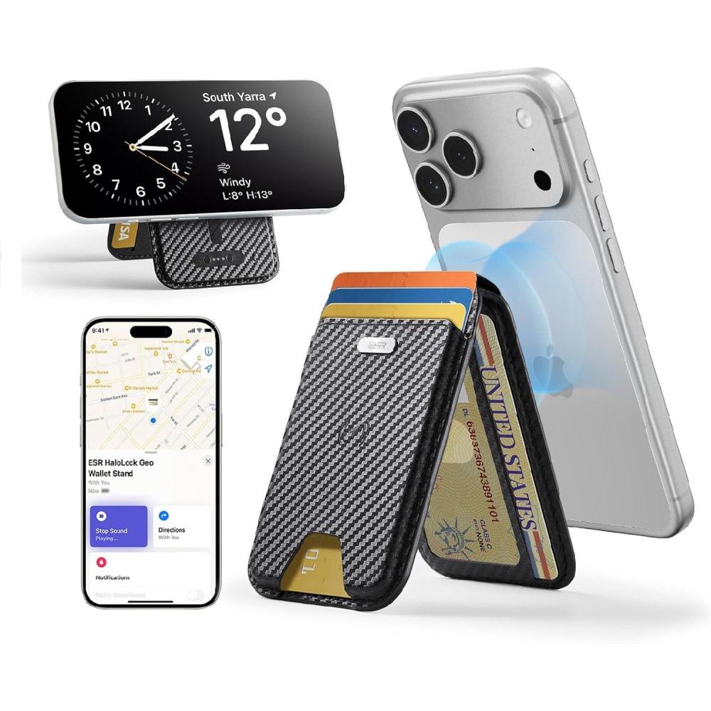 imageESR Geo for Magsafe Wallet with Full Find My Functionality5 CardHolder RFID Blocking Magnetic Wallet for iPhone 171615141312 Series with Adjustable Stand BrownBStand Black Carbon Fiber