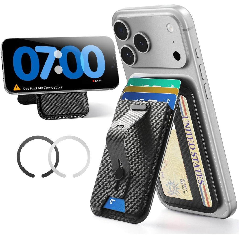 imageESR for MagSafe Wallet Stand w Grip RFID Blocking w MagSafe Ring 5 Card Holder for Phone Case Magnetic Wallet for iPhone 171615141312Not for Mini Selected Samsung Adjustable Stand BlackGripBlack Carbon Fiber