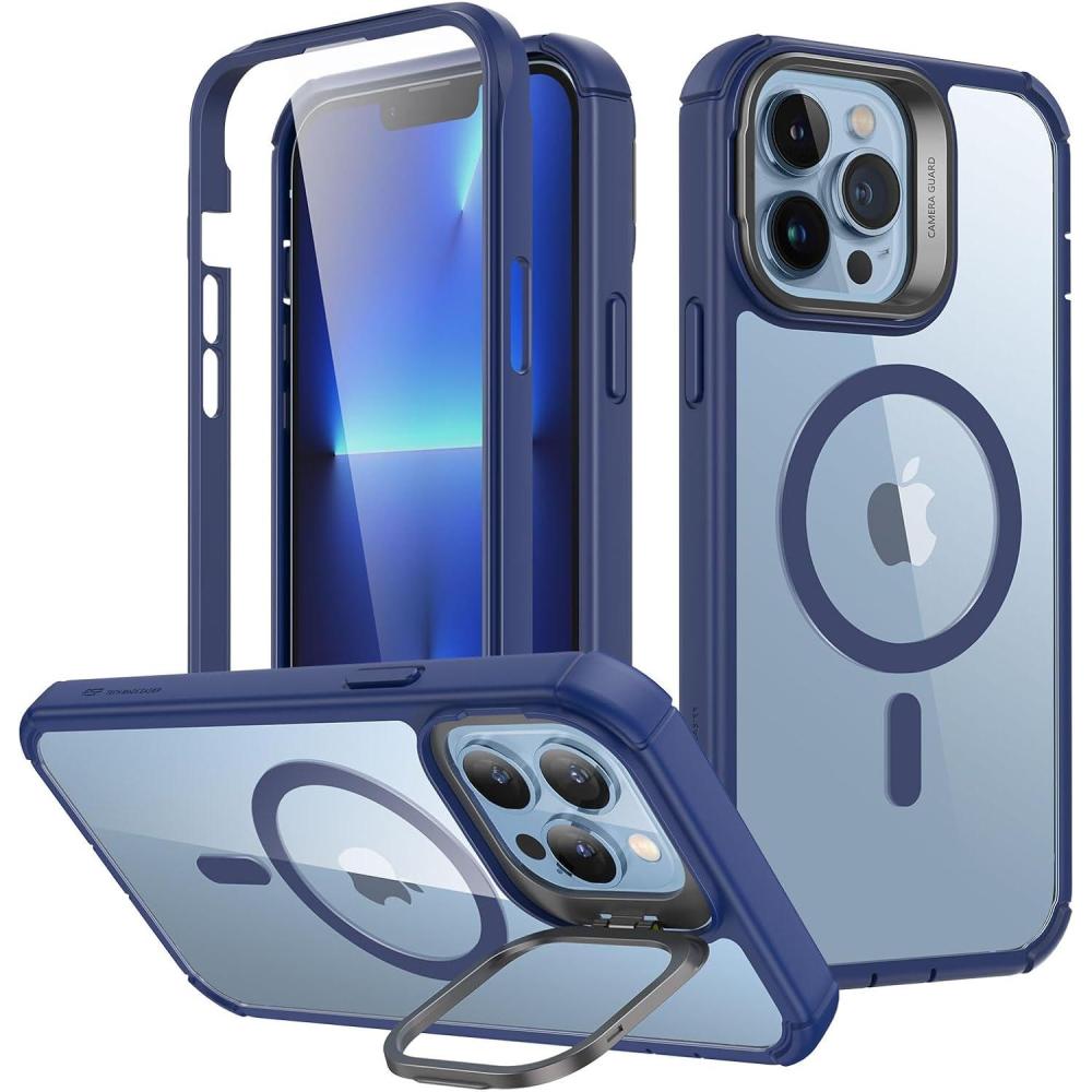 imageESR for iPhone 14 Pro Max Case with Stand Compatible with MagSafe FullBody MilitaryGrade Drop Proof Case with Builtin 9H Tempered Glass Screen Protector Armor Series Clear BlackClear Dark Blue  Stand