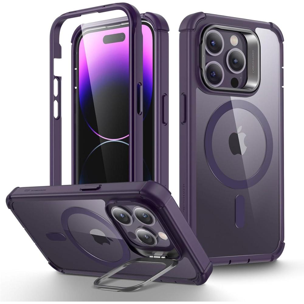 imageESR for iPhone 14 Pro Max Case with Stand Compatible with MagSafe FullBody MilitaryGrade Drop Proof Case with Builtin 9H Tempered Glass Screen Protector Armor Series Clear BlackClear Purple Stand