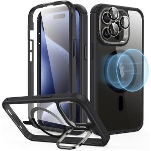 ESR for iPhone 14 Pro Max Case with Stand, Compatible with MagSafe, Full-Body Military-Grade Drop Proof Case with Built-in 9H+ Tempered Glass Screen Protector, Armor Series, Clear Black(Clear Black + Stand)