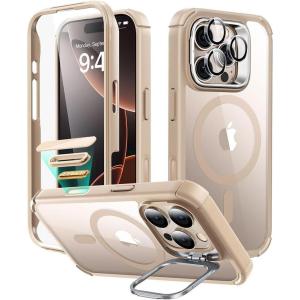 ESR for iPhone 14 Pro Max Case with Stand, Compatible with MagSafe, Full-Body Military-Grade Drop Proof Case with Built-in 9H+ Tempered Glass Screen Protector, Armor Series, Clear Black(Clear Gold + Stand)