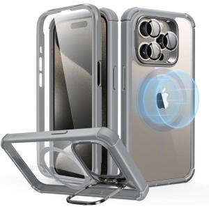 ESR for iPhone 14 Pro Max Case with Stand, Compatible with MagSafe, Full-Body Military-Grade Drop Proof Case with Built-in 9H+ Tempered Glass Screen Protector, Armor Series, Clear Black(Clear Grey + Stand)