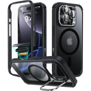 ESR for iPhone 14 Pro Max Case with Stand, Compatible with MagSafe, Full-Body Military-Grade Drop Proof Case with Built-in 9H+ Tempered Glass Screen Protector, Armor Series, Clear Black(Frosted Black + Stand)