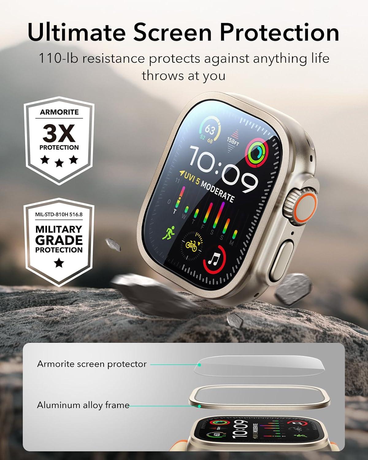imageESR 2 Pack Armorite Screen Protector for Apple Watch Ultra 3 Ultra 2 Ultra 49 mm Military Grade Protection Tempered Glass Film with Aluminum Alloy Frame Keep Original TitaniumTitanium