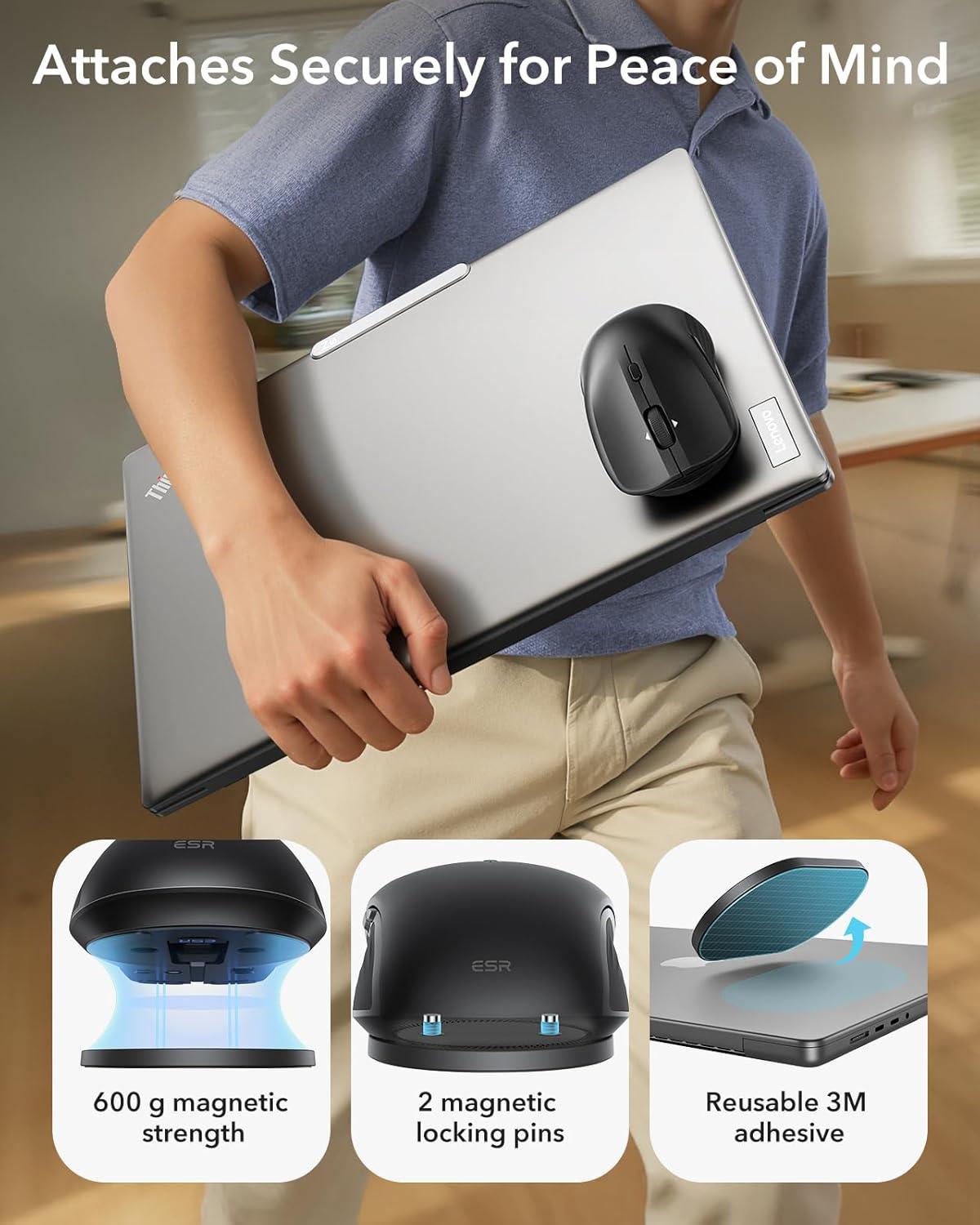 imageESR MagMouse SnaptoCarry Bluetooth Mouse Rechargeable Wireless Mouse for Laptop with Builtin Charging Cable Reusable Adhesive Holder BT 50 24 GHz Connectivity Silent Ergonomic BlackDark Black