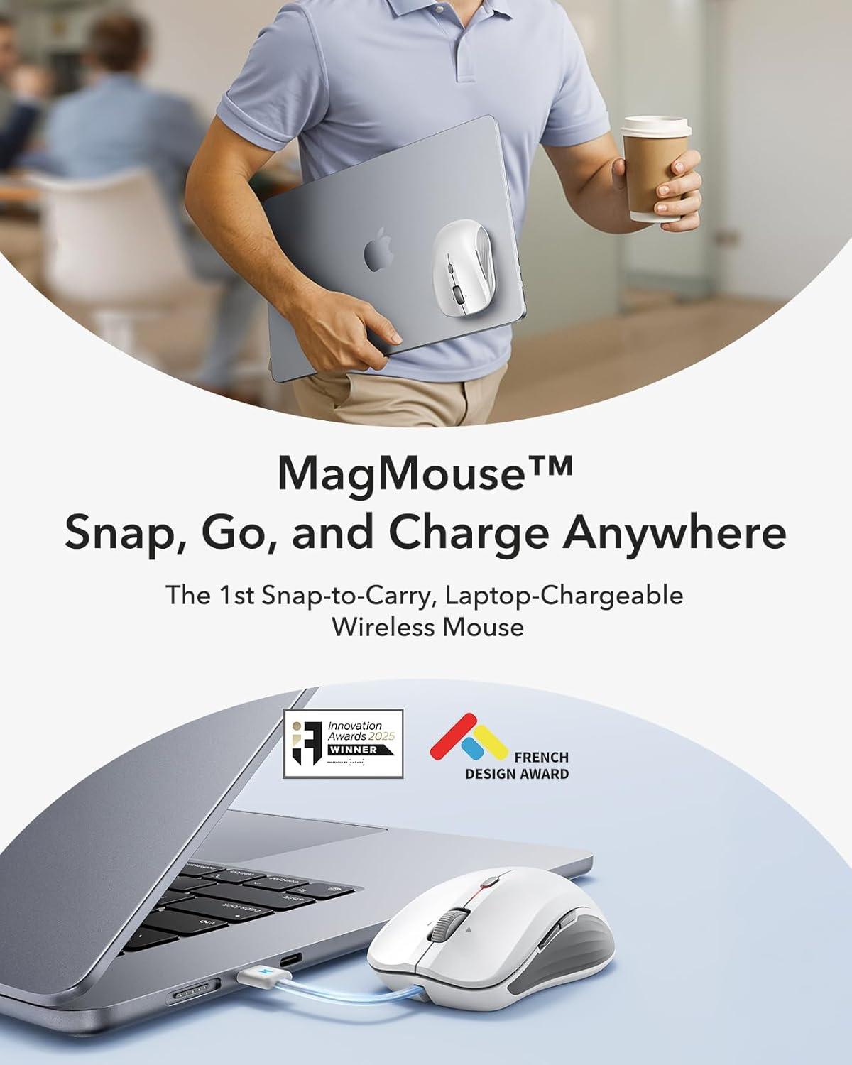 imageESR MagMouse SnaptoCarry Bluetooth Mouse Rechargeable Wireless Mouse for Laptop with Builtin Charging Cable Reusable Adhesive Holder BT 50 24 GHz Connectivity Silent Ergonomic BlackWhite