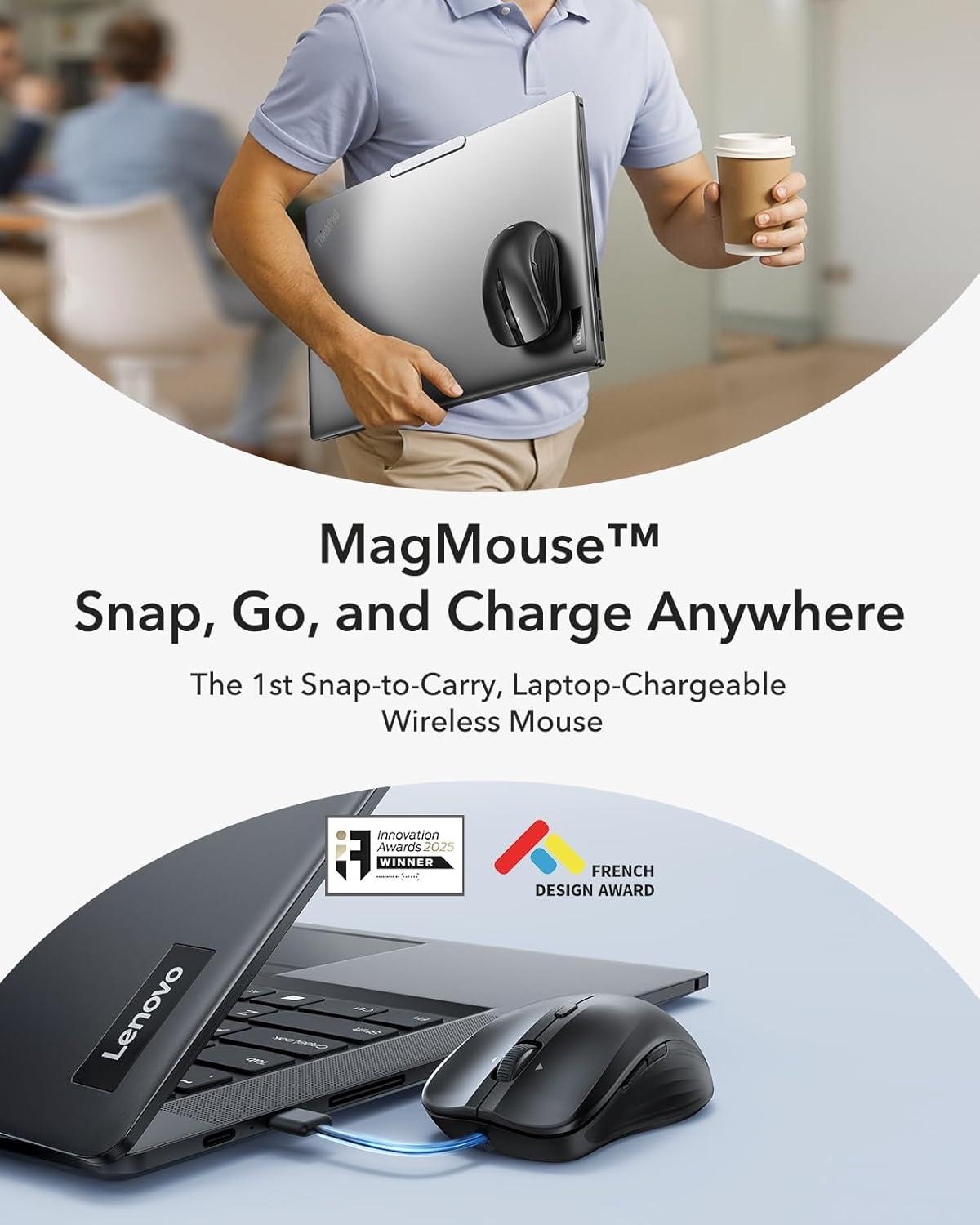 imageESR MagMouse SnaptoCarry Bluetooth Mouse Rechargeable Wireless Mouse for Laptop with Builtin Charging Cable Reusable Adhesive Holder BT 50 24 GHz Connectivity Silent Ergonomic BlackDark Black