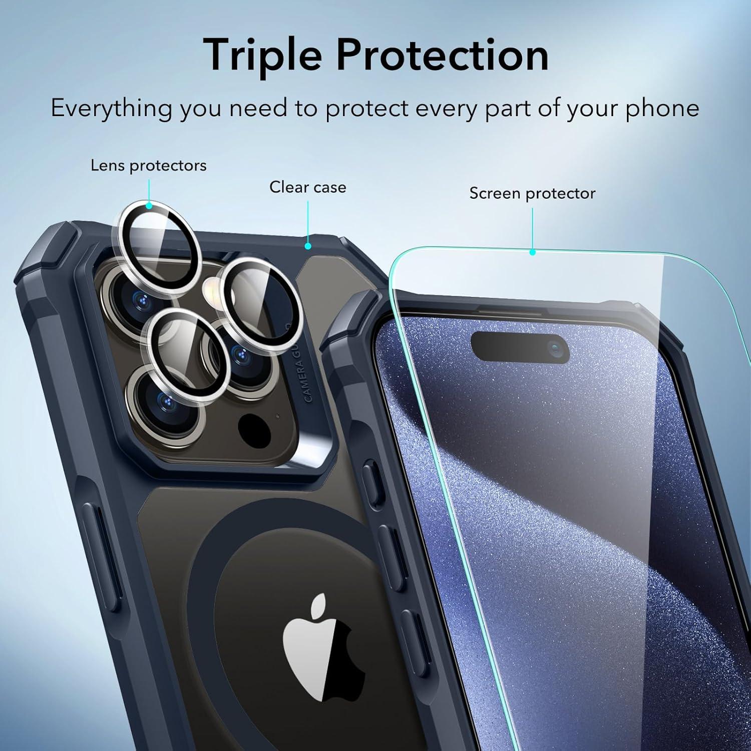 imageESR for iPhone 15 Pro Case Compatible with MagSafe Set with 2 Screen Protectors and Single Lens Protectors Air Guard Corners YellowingResistant Acrylic Back Air Armor Series Clear Dark BlueClear Dark Blue Set