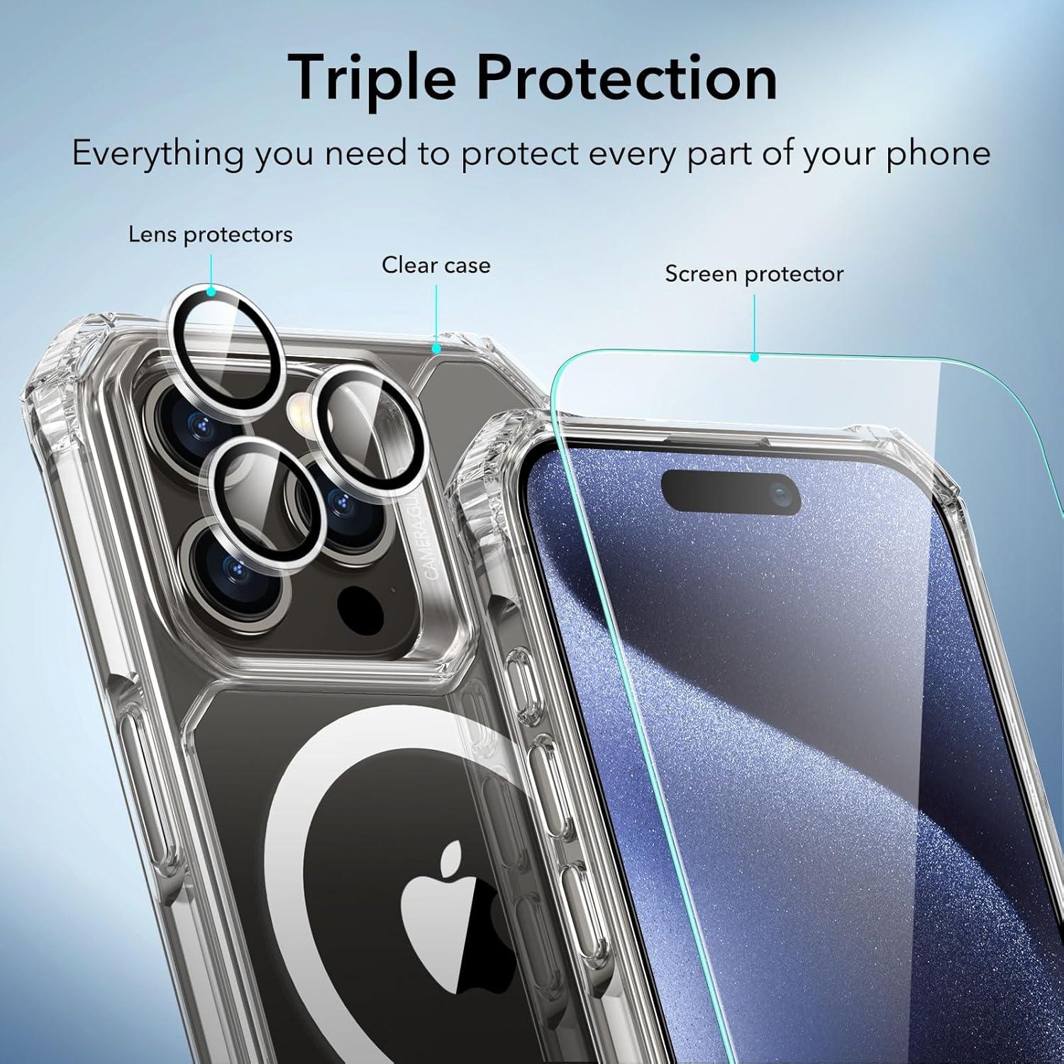 imageESR for iPhone 15 Pro Case Compatible with MagSafe Set with 2 Screen Protectors and Single Lens Protectors Air Guard Corners YellowingResistant Acrylic Back Air Armor Series Clear Dark BlueClear Set