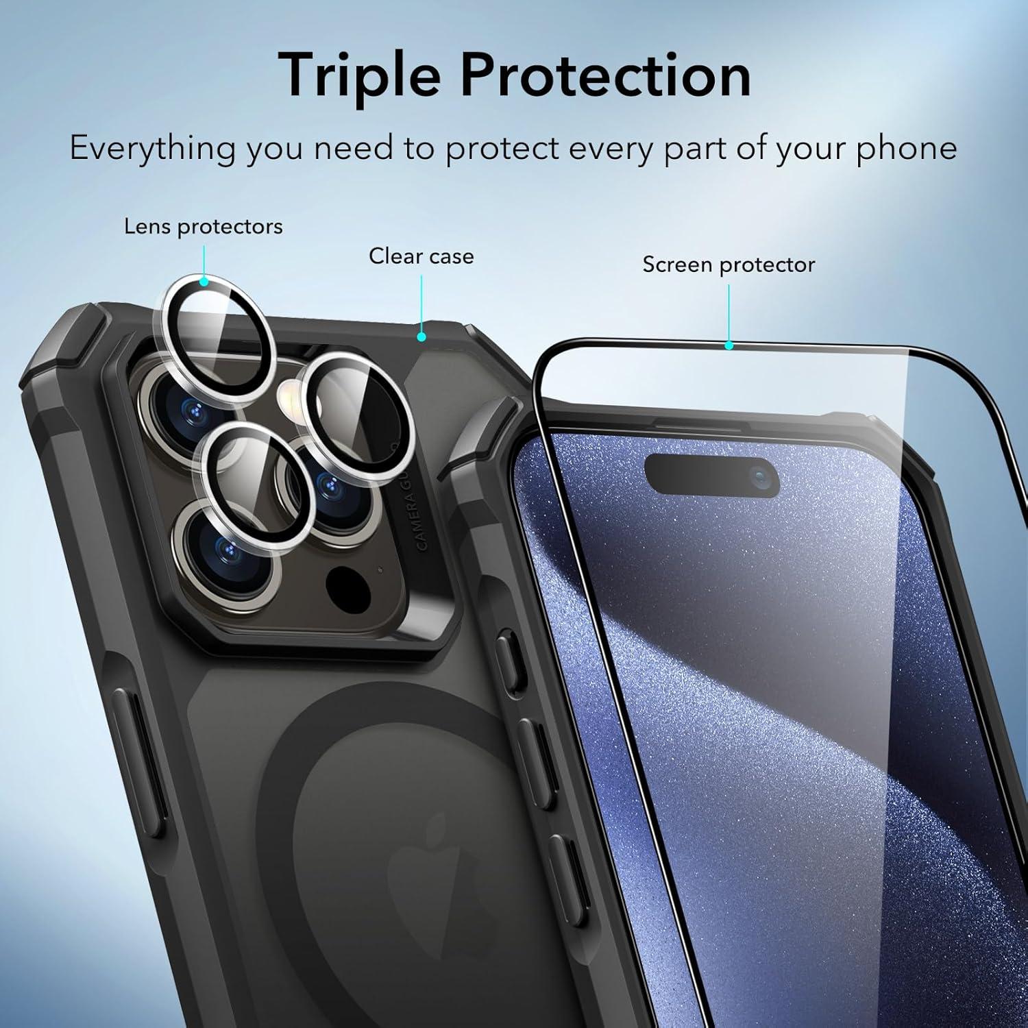 imageESR for iPhone 15 Pro Case Compatible with MagSafe Set with 2 Screen Protectors and Single Lens Protectors Air Guard Corners YellowingResistant Acrylic Back Air Armor Series Frosted BlackFrosted Black Set