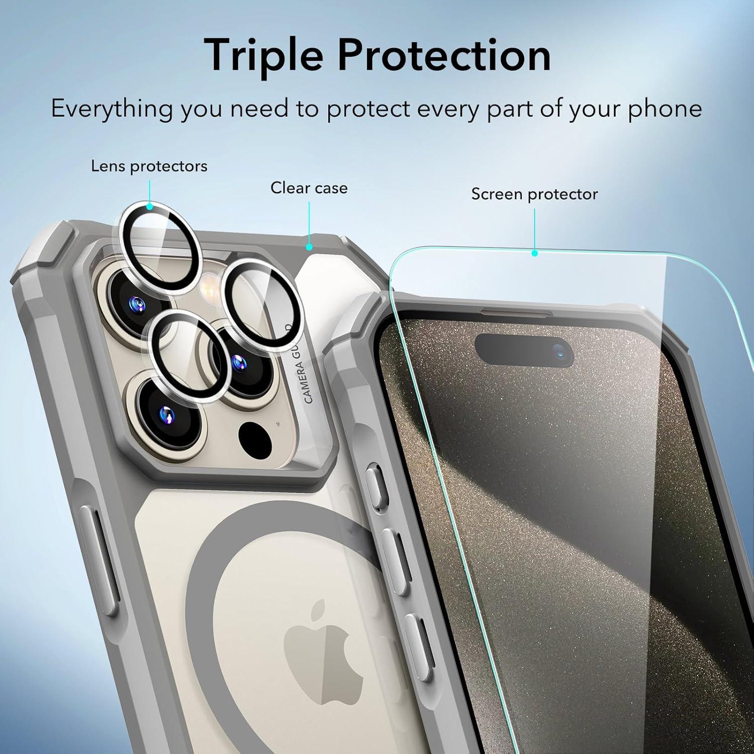 imageESR for iPhone 15 Pro Case Compatible with MagSafe Set with 2 Screen Protectors and Single Lens Protectors Air Guard Corners YellowingResistant Acrylic Back Air Armor Series Clear Dark BlueClear Grey Set