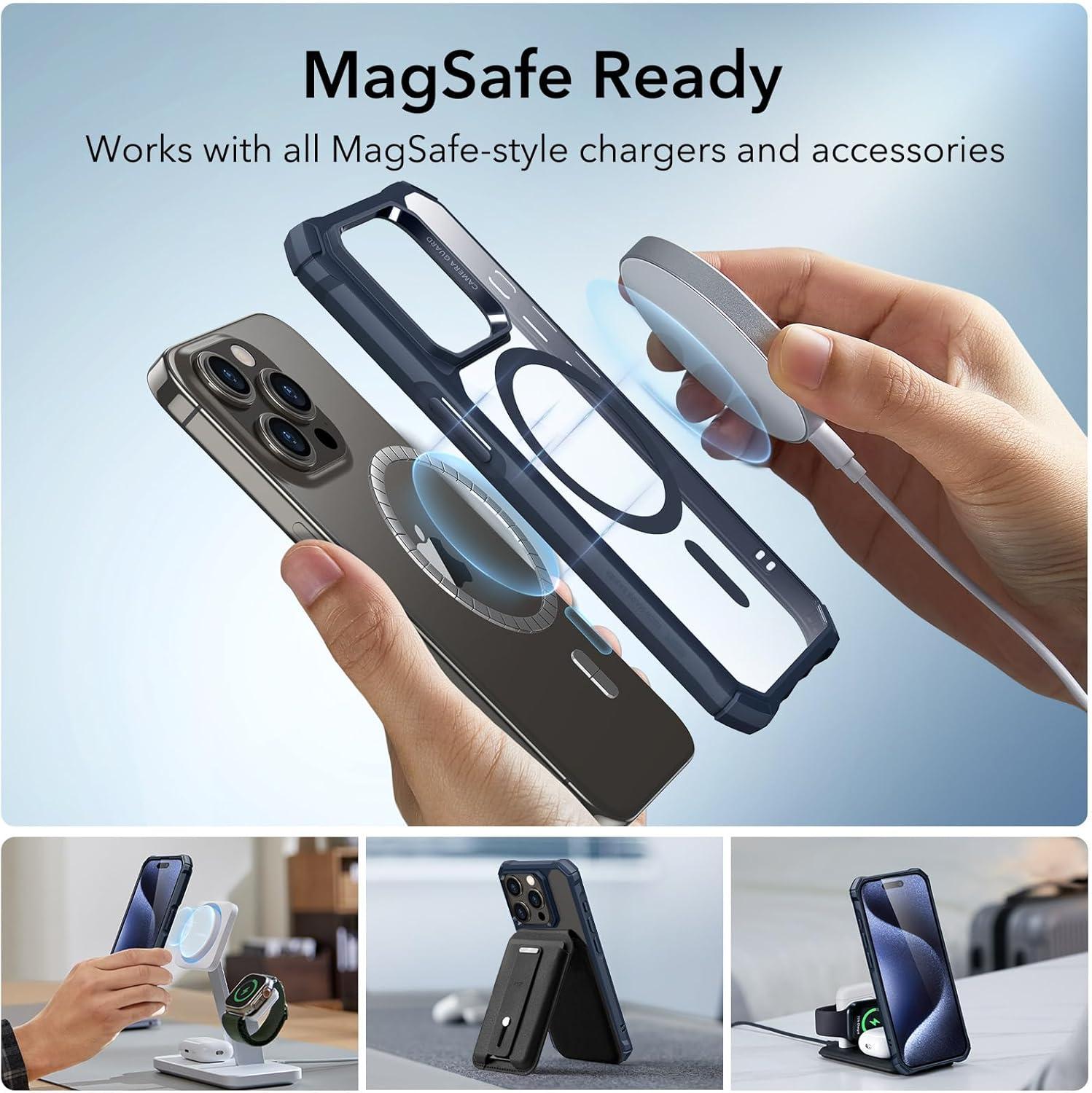 imageESR for iPhone 15 Pro Case Compatible with MagSafe Set with 2 Screen Protectors and Single Lens Protectors Air Guard Corners YellowingResistant Acrylic Back Air Armor Series Clear Dark BlueClear Dark Blue Set