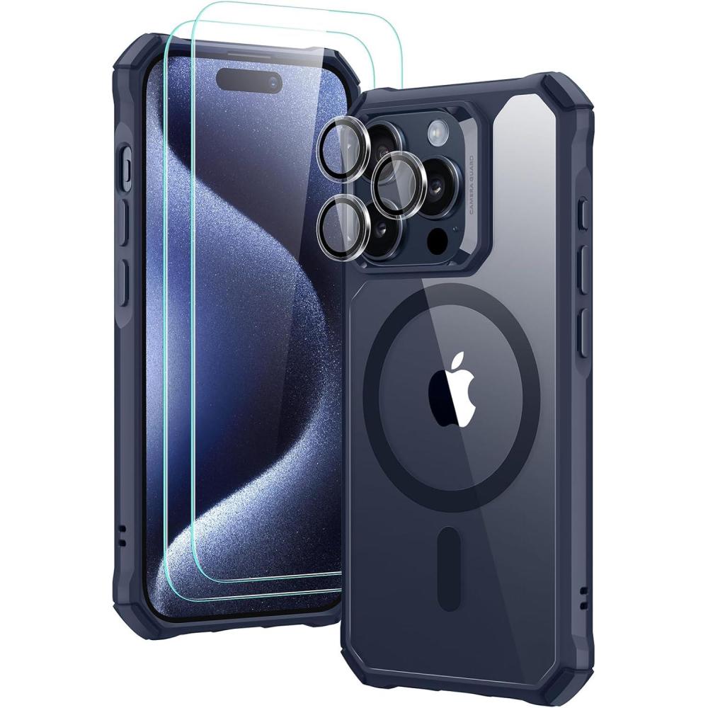 imageESR for iPhone 15 Pro Case Compatible with MagSafe Set with 2 Screen Protectors and Single Lens Protectors Air Guard Corners YellowingResistant Acrylic Back Air Armor Series Clear Dark BlueClear Dark Blue Set