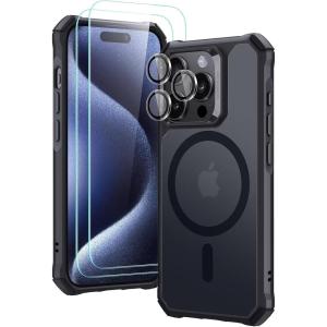 ESR for iPhone 15 Pro Case, Compatible with MagSafe, Set with 2 Screen Protectors and Single Lens Protectors, Air Guard Corners, Yellowing-Resistant Acrylic Back, Air Armor Series, Frosted Black(Frosted Black Set)