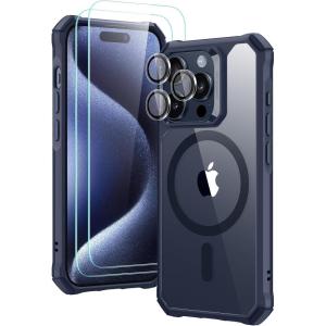 ESR for iPhone 15 Pro Case, Compatible with MagSafe, Set with 2 Screen Protectors and Single Lens Protectors, Air Guard Corners, Yellowing-Resistant Acrylic Back, Air Armor Series, Clear Dark Blue(Clear Dark Blue Set)