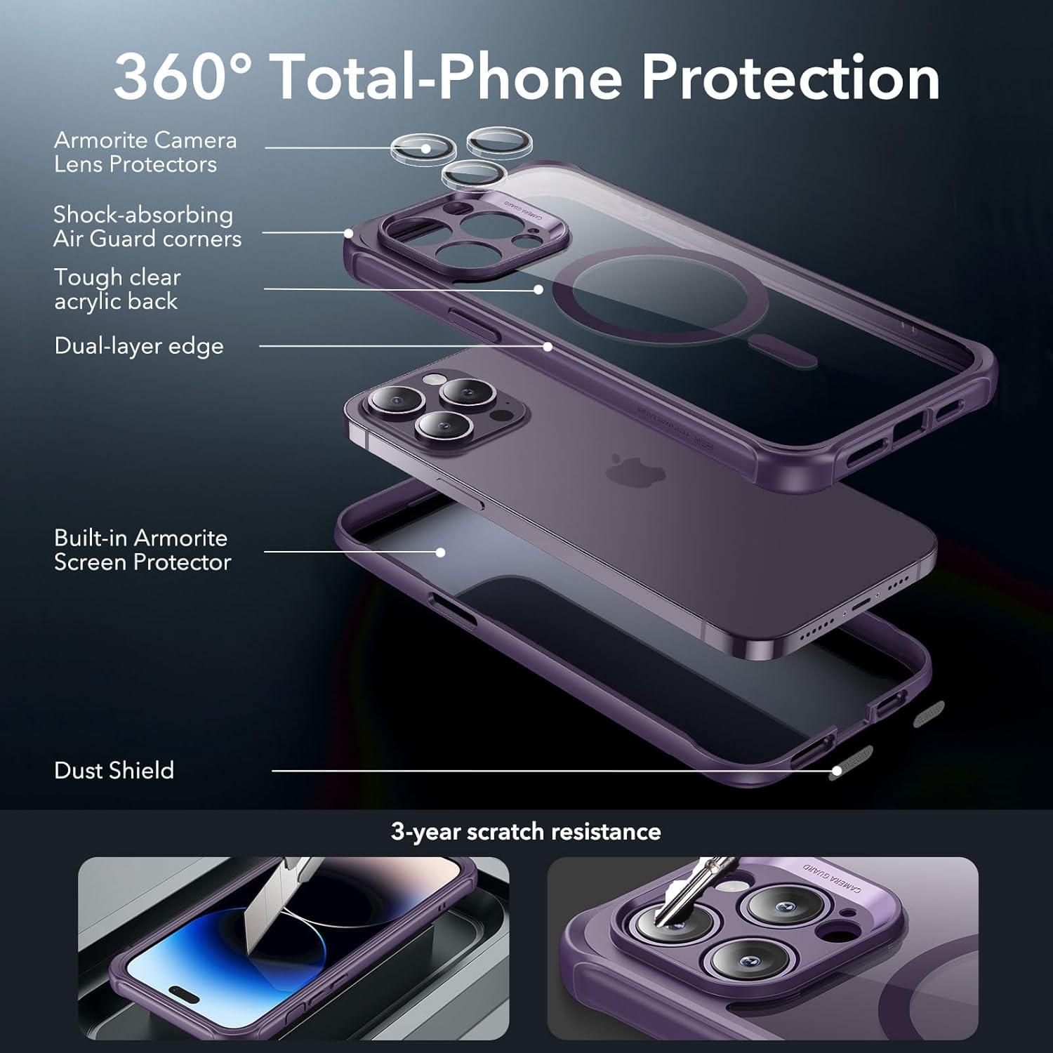 imageESR for iPhone 14 Pro Max Case Compatible with MagSafe FullBody MilitaryGrade Drop Proof Case for iPhone 14 Pro Max with Builtin 9H Tempered Glass Screen Protector Clear BlackClear Purple