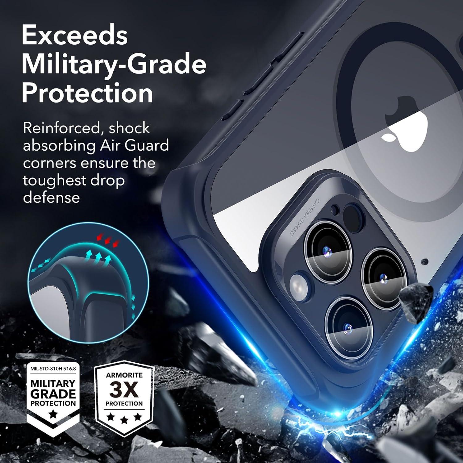 imageESR for iPhone 14 Pro Max Case Compatible with MagSafe FullBody MilitaryGrade Drop Proof Case for iPhone 14 Pro Max with Builtin 9H Tempered Glass Screen Protector Clear BlackClear Dark Blue