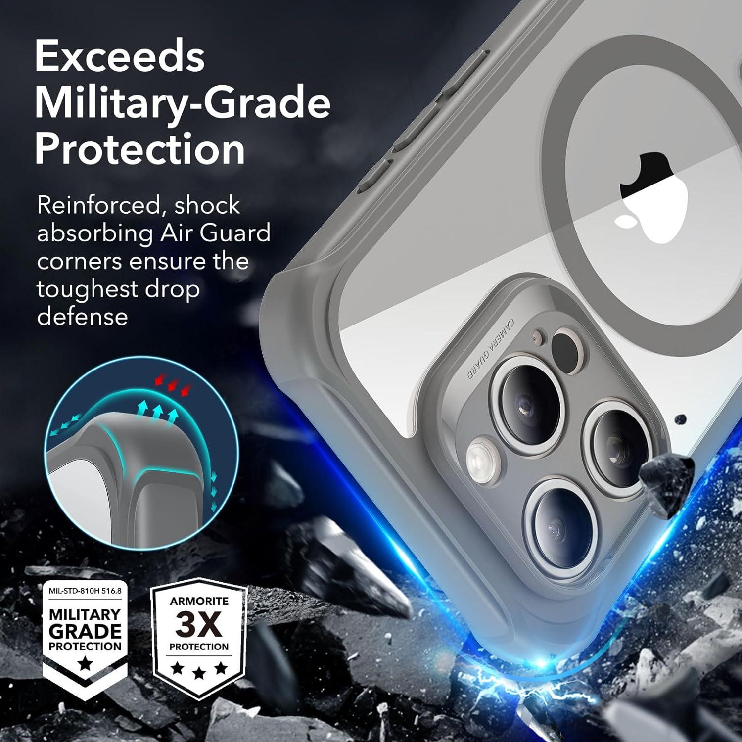 imageESR for iPhone 14 Pro Max Case Compatible with MagSafe FullBody MilitaryGrade Drop Proof Case for iPhone 14 Pro Max with Builtin 9H Tempered Glass Screen Protector Clear BlackClear Grey