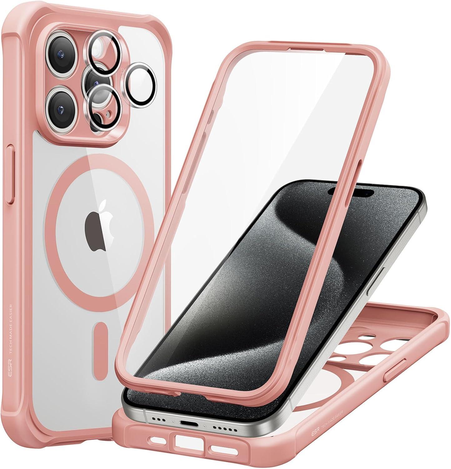 imageESR for iPhone 14 Pro Max Case Compatible with MagSafe FullBody MilitaryGrade Drop Proof Case for iPhone 14 Pro Max with Builtin 9H Tempered Glass Screen Protector Clear BlackClear Pink